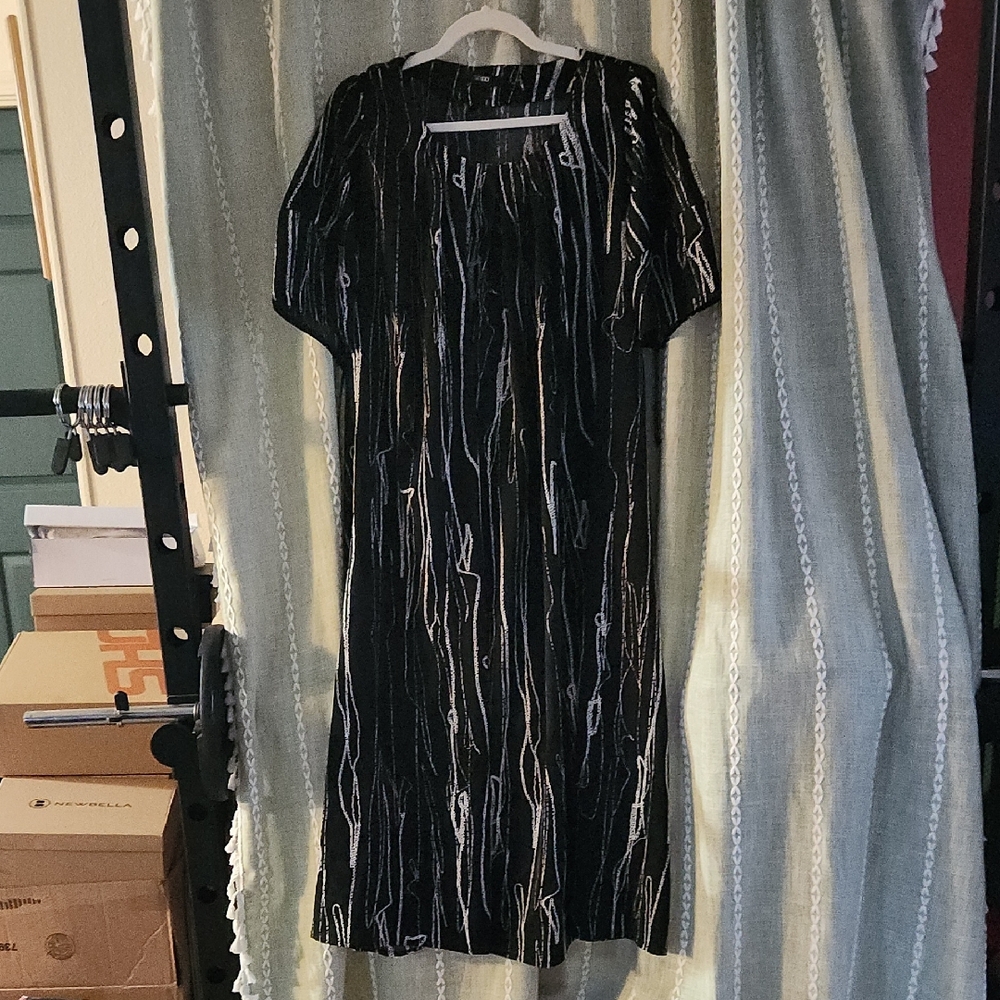 Black Caftan with White Abstract Stripe Print